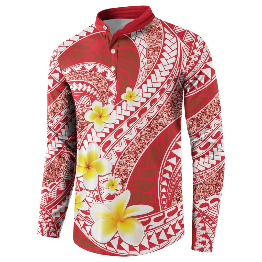 Plumeria Polynesian Coral Glitter Pattern Button Sweatshirt