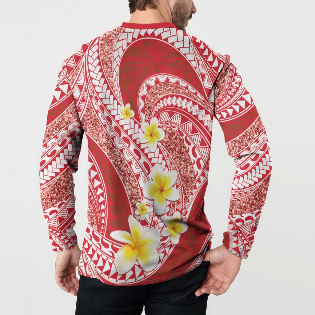 Plumeria Polynesian Coral Glitter Pattern Button Sweatshirt