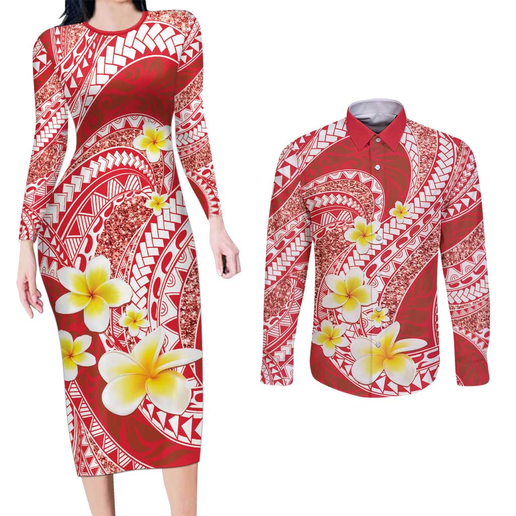 Plumeria Polynesian Coral Glitter Pattern Couples Matching Long Sleeve Bodycon Dress and Long Sleeve Button Shirt