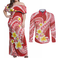 Plumeria Polynesian Coral Glitter Pattern Couples Matching Off Shoulder Maxi Dress and Long Sleeve Button Shirt LT01 Coral - Polynesian Pride