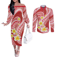 Plumeria Polynesian Coral Glitter Pattern Couples Matching Off The Shoulder Long Sleeve Dress and Long Sleeve Button Shirt