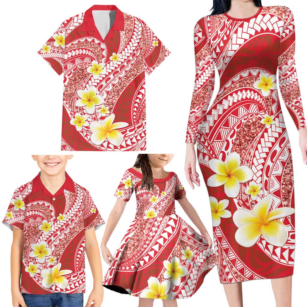 Plumeria Polynesian Coral Glitter Pattern Family Matching Long Sleeve Bodycon Dress and Hawaiian Shirt LT01 - Polynesian Pride