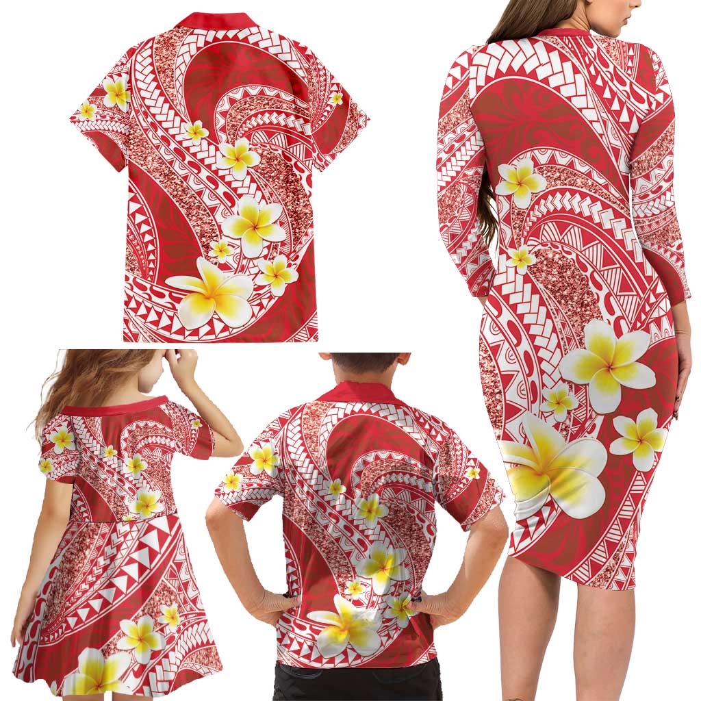 Plumeria Polynesian Coral Glitter Pattern Family Matching Long Sleeve Bodycon Dress and Hawaiian Shirt LT01 - Polynesian Pride