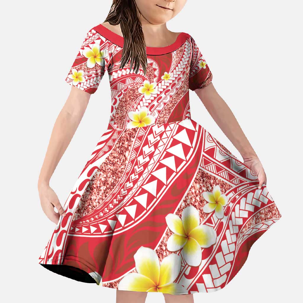 Plumeria Polynesian Coral Glitter Pattern Family Matching Mermaid Dress and Hawaiian Shirt LT01 Daughter's Dress Coral - Polynesian Pride
