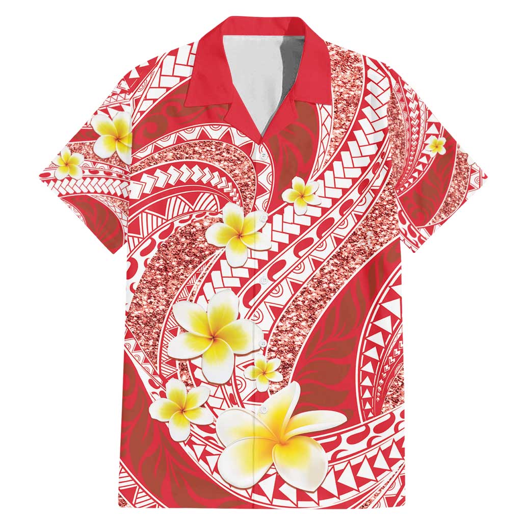Plumeria Polynesian Coral Glitter Pattern Family Matching Mermaid Dress and Hawaiian Shirt LT01 Dad's Shirt - Short Sleeve Coral - Polynesian Pride