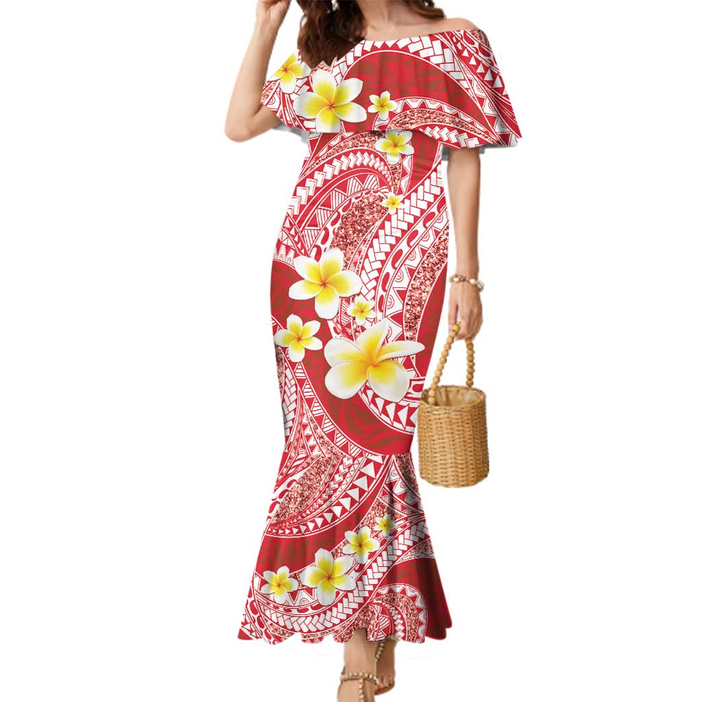 Plumeria Polynesian Coral Glitter Pattern Family Matching Mermaid Dress and Hawaiian Shirt LT01 Mom's Dress Coral - Polynesian Pride
