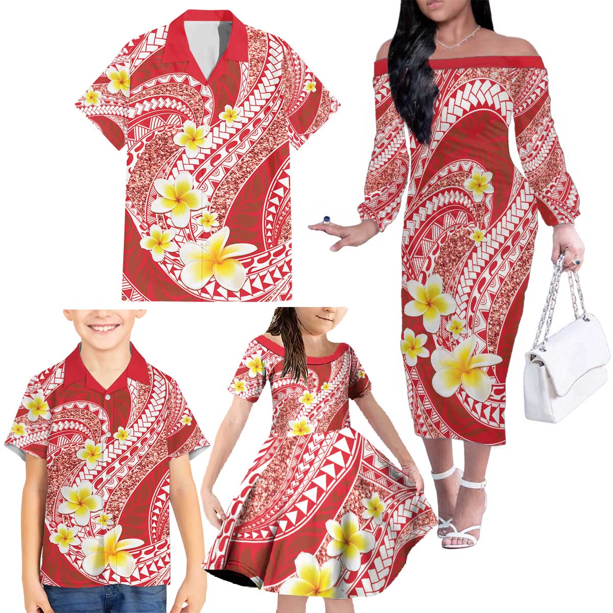 Plumeria Polynesian Coral Glitter Pattern Family Matching Off The Shoulder Long Sleeve Dress and Hawaiian Shirt