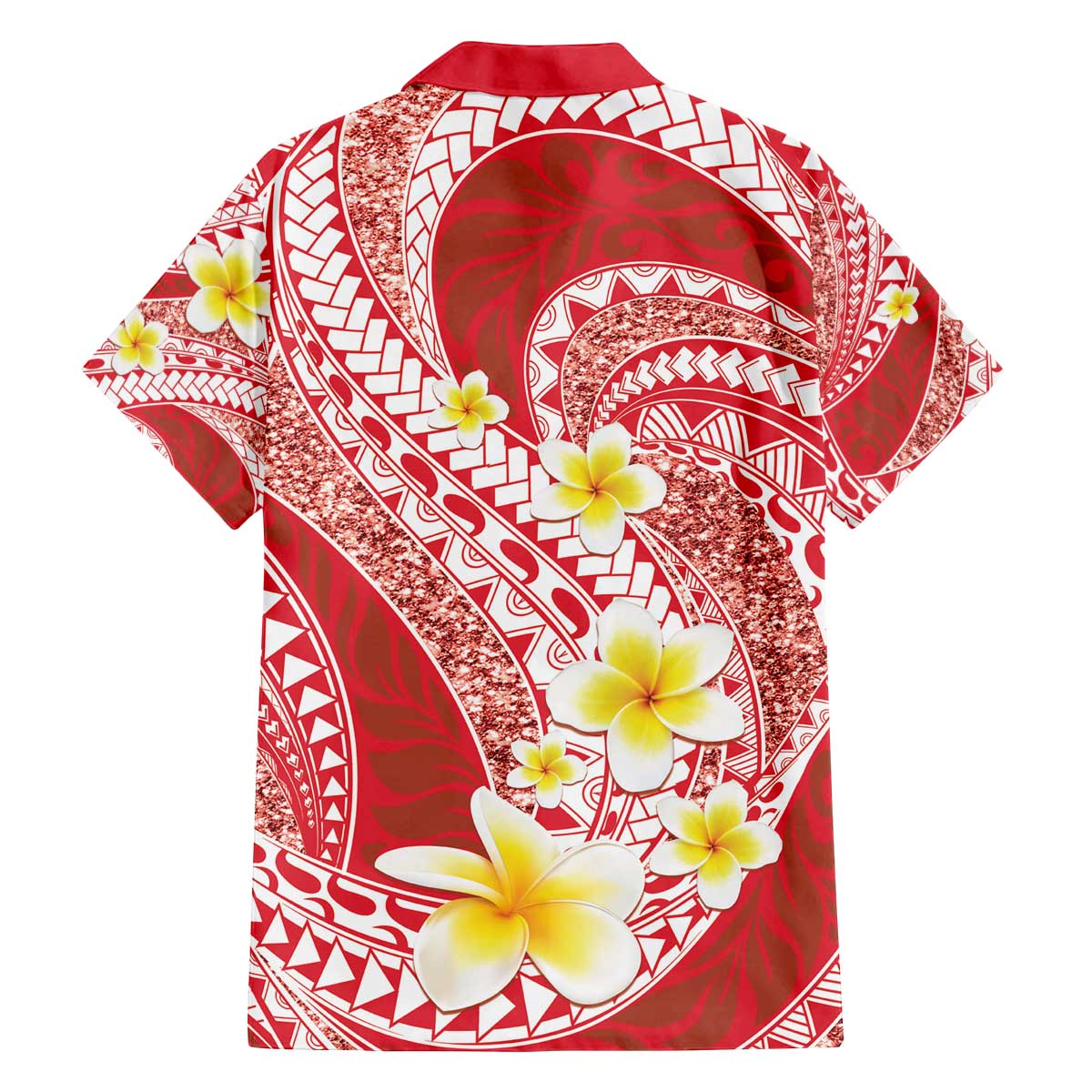 Plumeria Polynesian Coral Glitter Pattern Family Matching Off The Shoulder Long Sleeve Dress and Hawaiian Shirt