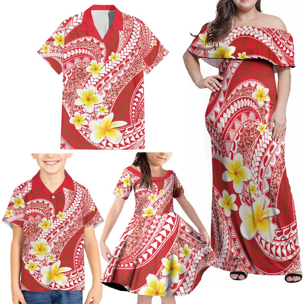 Plumeria Polynesian Coral Glitter Pattern Family Matching Off Shoulder Maxi Dress and Hawaiian Shirt LT01 - Polynesian Pride