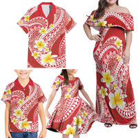 Plumeria Polynesian Coral Glitter Pattern Family Matching Off Shoulder Maxi Dress and Hawaiian Shirt LT01 - Polynesian Pride
