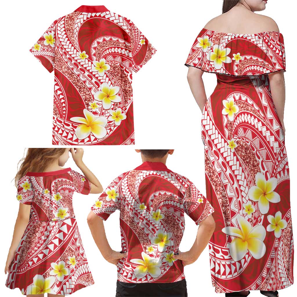 Plumeria Polynesian Coral Glitter Pattern Family Matching Off Shoulder Maxi Dress and Hawaiian Shirt LT01 - Polynesian Pride