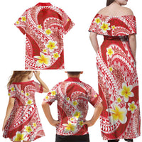 Plumeria Polynesian Coral Glitter Pattern Family Matching Off Shoulder Maxi Dress and Hawaiian Shirt LT01 - Polynesian Pride