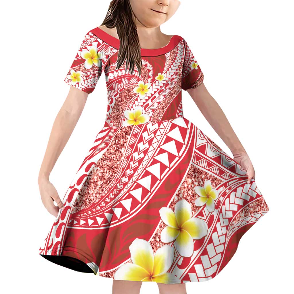 Plumeria Polynesian Coral Glitter Pattern Family Matching Off Shoulder Short Dress and Hawaiian Shirt LT01 Daughter's Dress Coral - Polynesian Pride