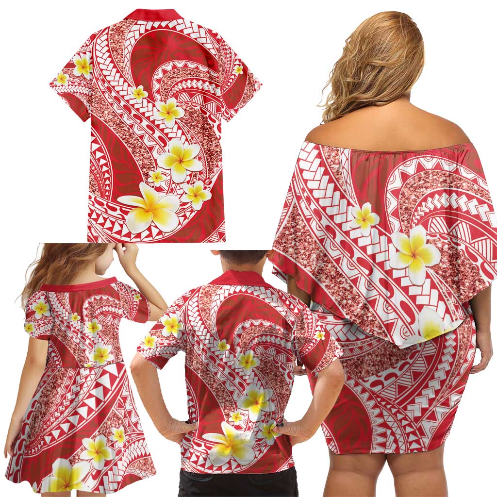 Plumeria Polynesian Coral Glitter Pattern Family Matching Off Shoulder Short Dress and Hawaiian Shirt LT01 - Polynesian Pride