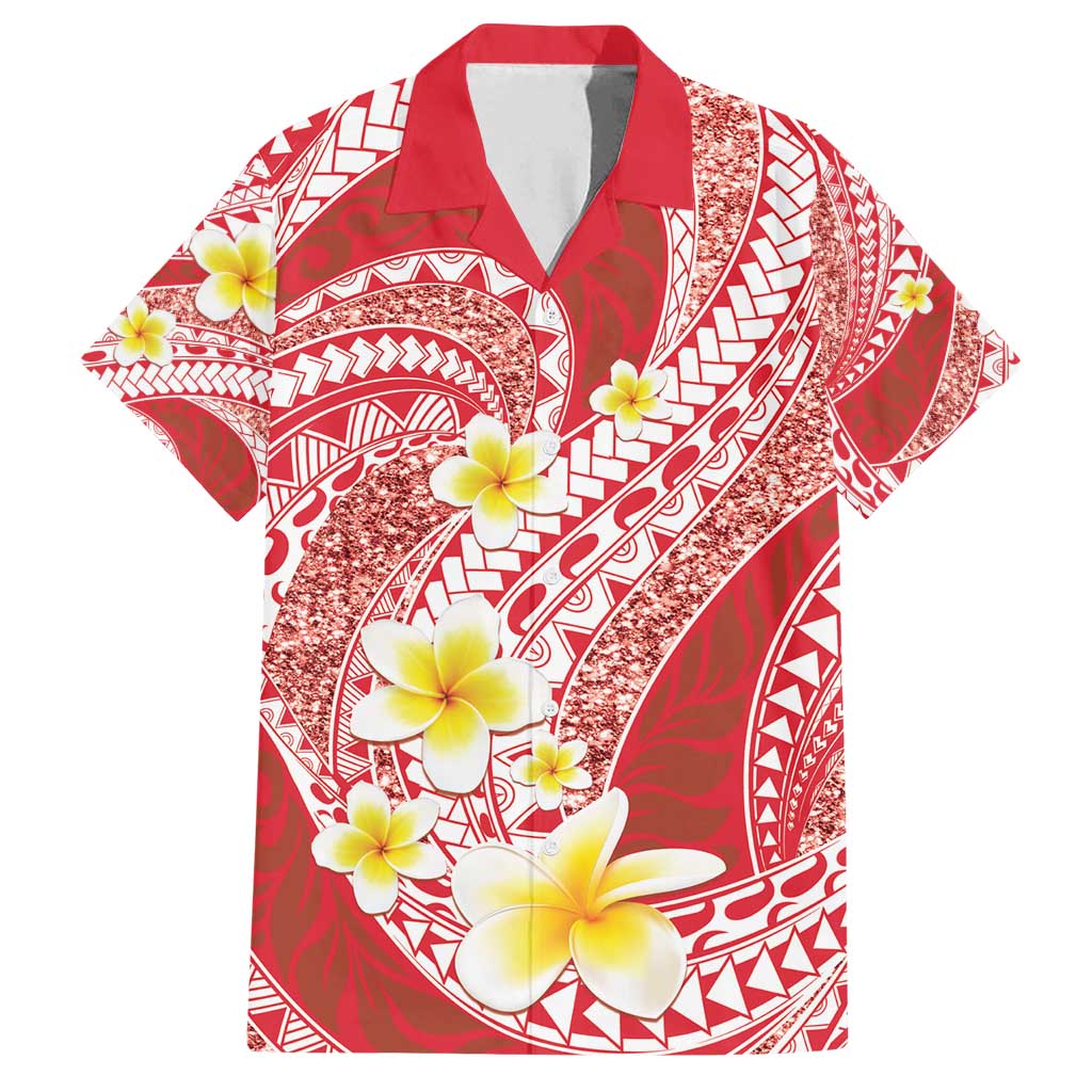 Plumeria Polynesian Coral Glitter Pattern Family Matching Off Shoulder Short Dress and Hawaiian Shirt LT01 Dad's Shirt - Short Sleeve Coral - Polynesian Pride