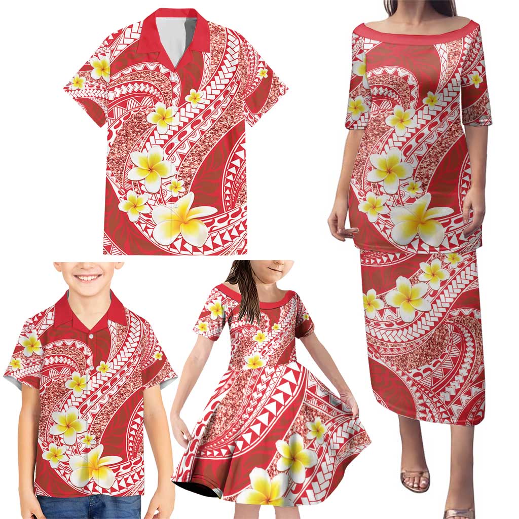 Plumeria Polynesian Coral Glitter Pattern Family Matching Puletasi and Hawaiian Shirt LT01 - Polynesian Pride