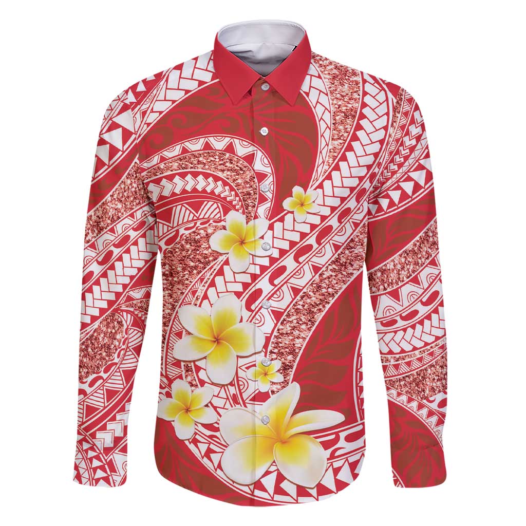 Plumeria Polynesian Coral Glitter Pattern Family Matching Short Sleeve Bodycon Dress and Hawaiian Shirt LT01 Dad's Shirt - Long Sleeve Coral - Polynesian Pride
