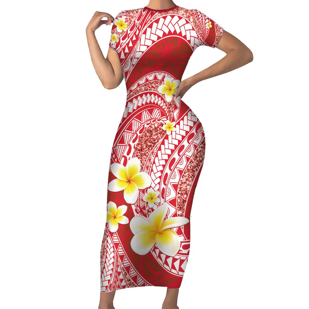 Plumeria Polynesian Coral Glitter Pattern Family Matching Short Sleeve Bodycon Dress and Hawaiian Shirt LT01 Mom's Dress Coral - Polynesian Pride