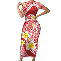 Plumeria Polynesian Coral Glitter Pattern Family Matching Short Sleeve Bodycon Dress and Hawaiian Shirt LT01 Mom's Dress Coral - Polynesian Pride