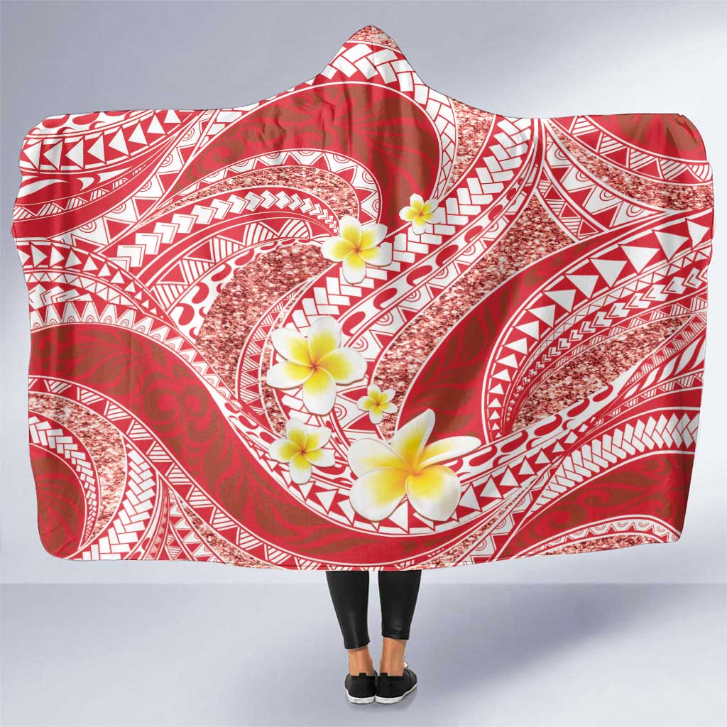 Plumeria Polynesian Coral Glitter Pattern Hooded Blanket