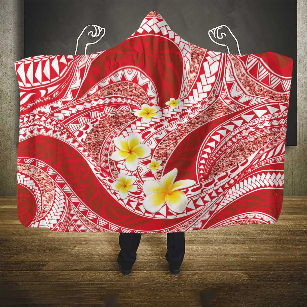 Plumeria Polynesian Coral Glitter Pattern Hooded Blanket