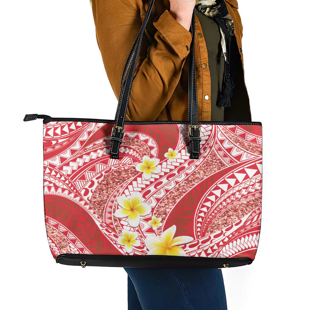Plumeria Polynesian Coral Glitter Pattern Leather Tote Bag LT01 - Polynesian Pride