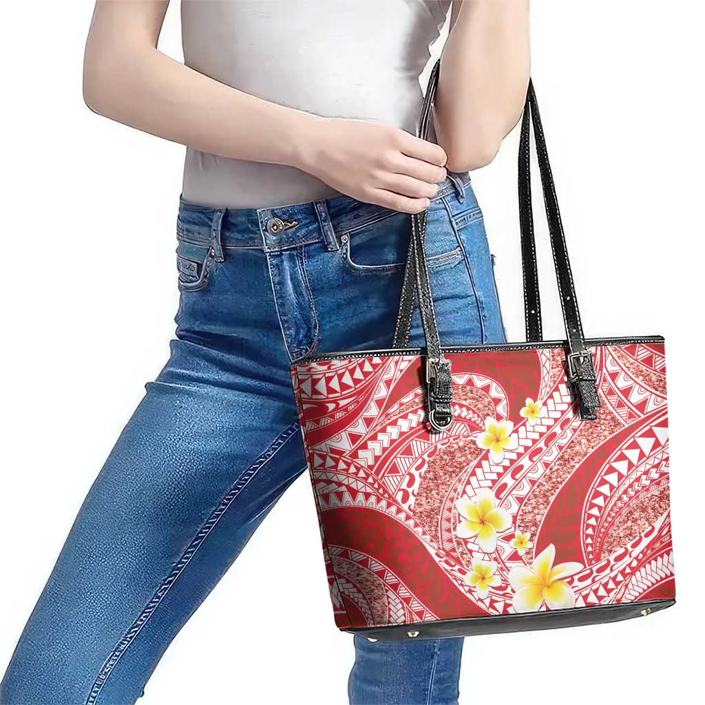 Plumeria Polynesian Coral Glitter Pattern Leather Tote Bag LT01 - Polynesian Pride
