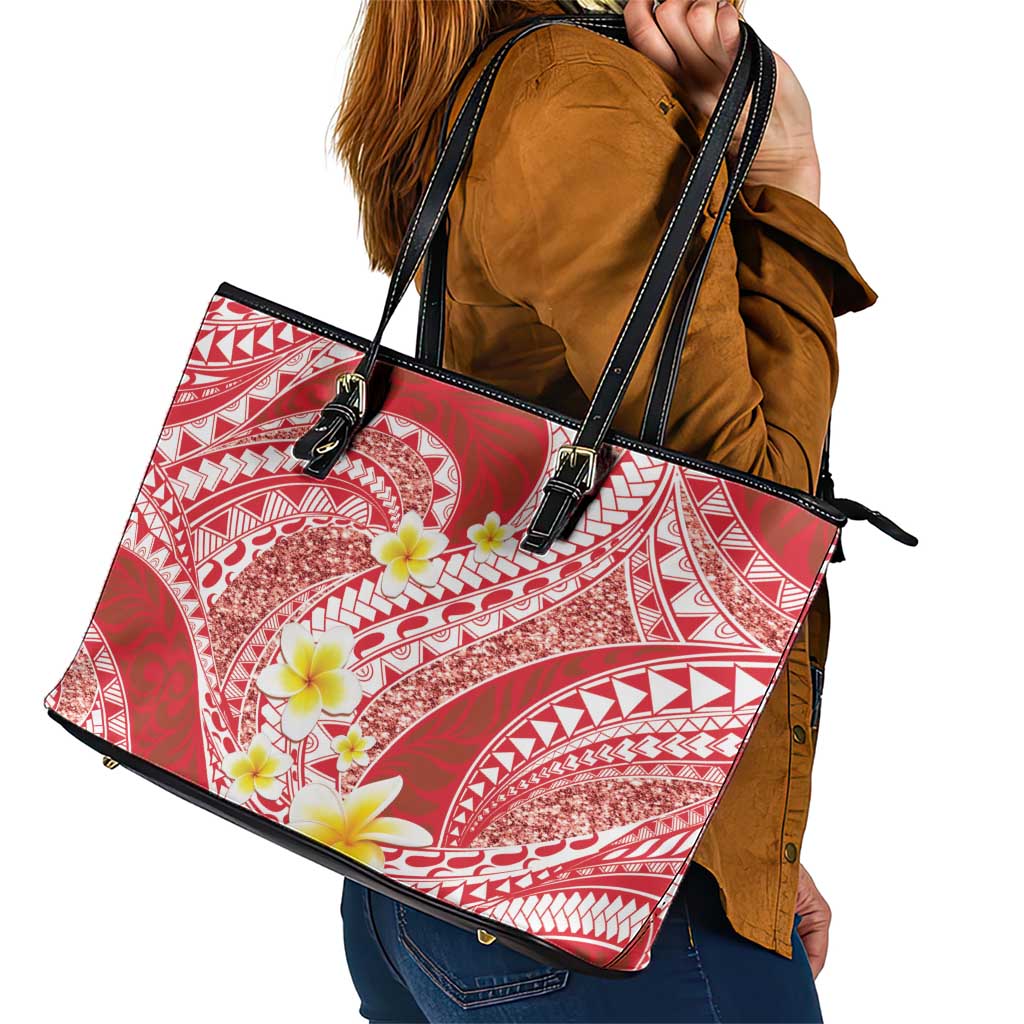 Plumeria Polynesian Coral Glitter Pattern Leather Tote Bag LT01 - Polynesian Pride