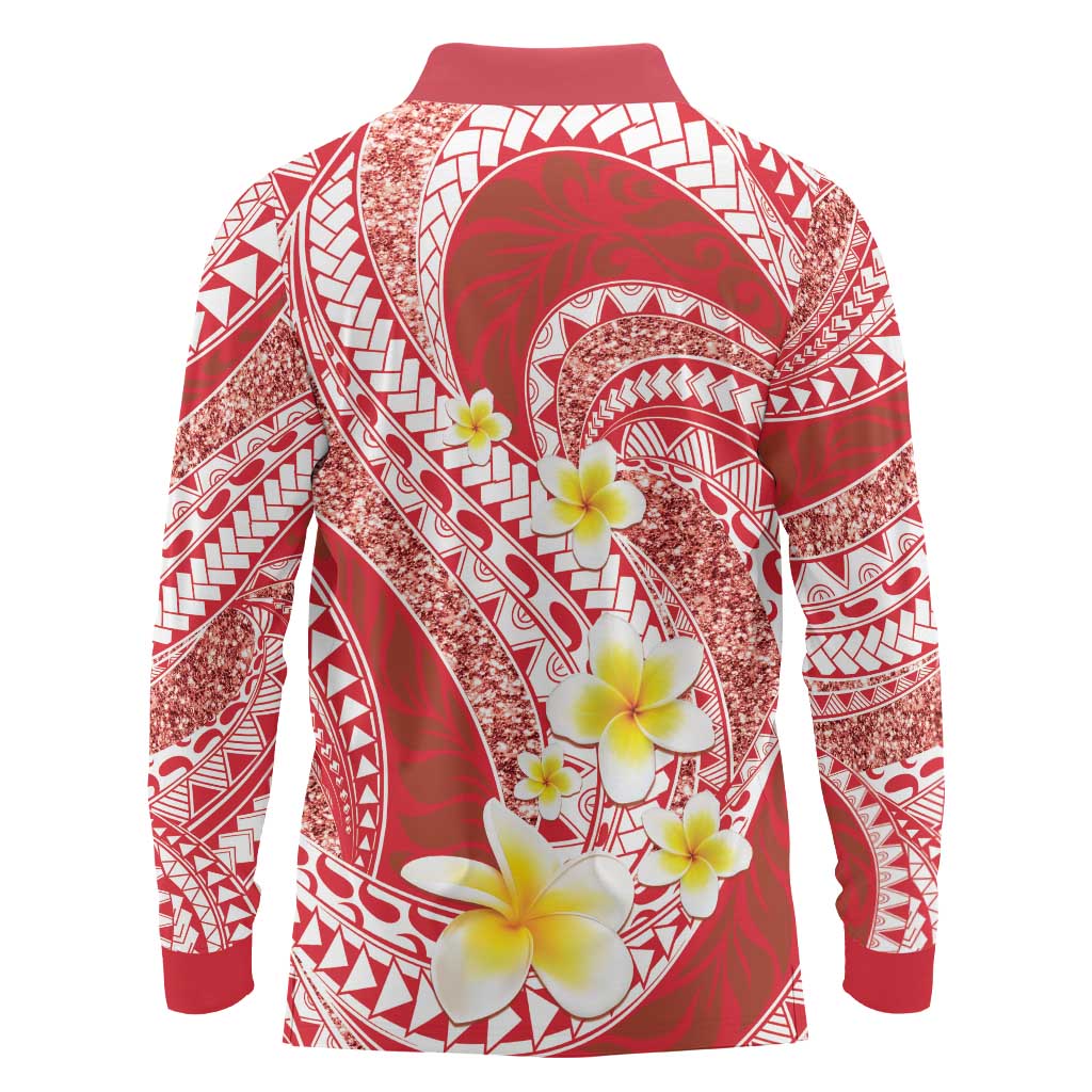 Plumeria Polynesian Coral Glitter Pattern Long Sleeve Polo Shirt LT01 - Polynesian Pride
