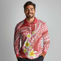 Plumeria Polynesian Coral Glitter Pattern Long Sleeve Polo Shirt LT01 - Polynesian Pride