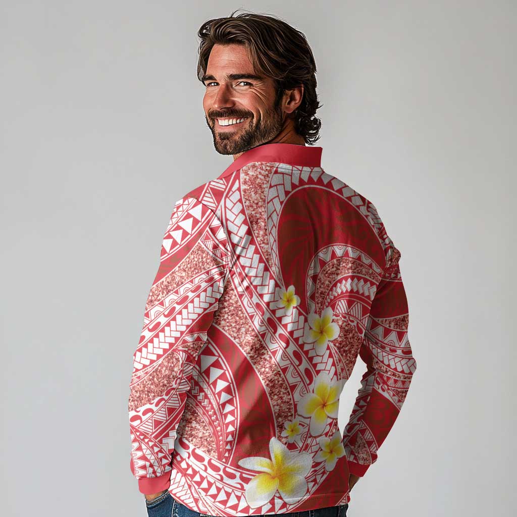 Plumeria Polynesian Coral Glitter Pattern Long Sleeve Polo Shirt LT01 - Polynesian Pride