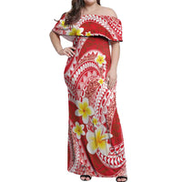 Plumeria Polynesian Coral Glitter Pattern Off Shoulder Maxi Dress
