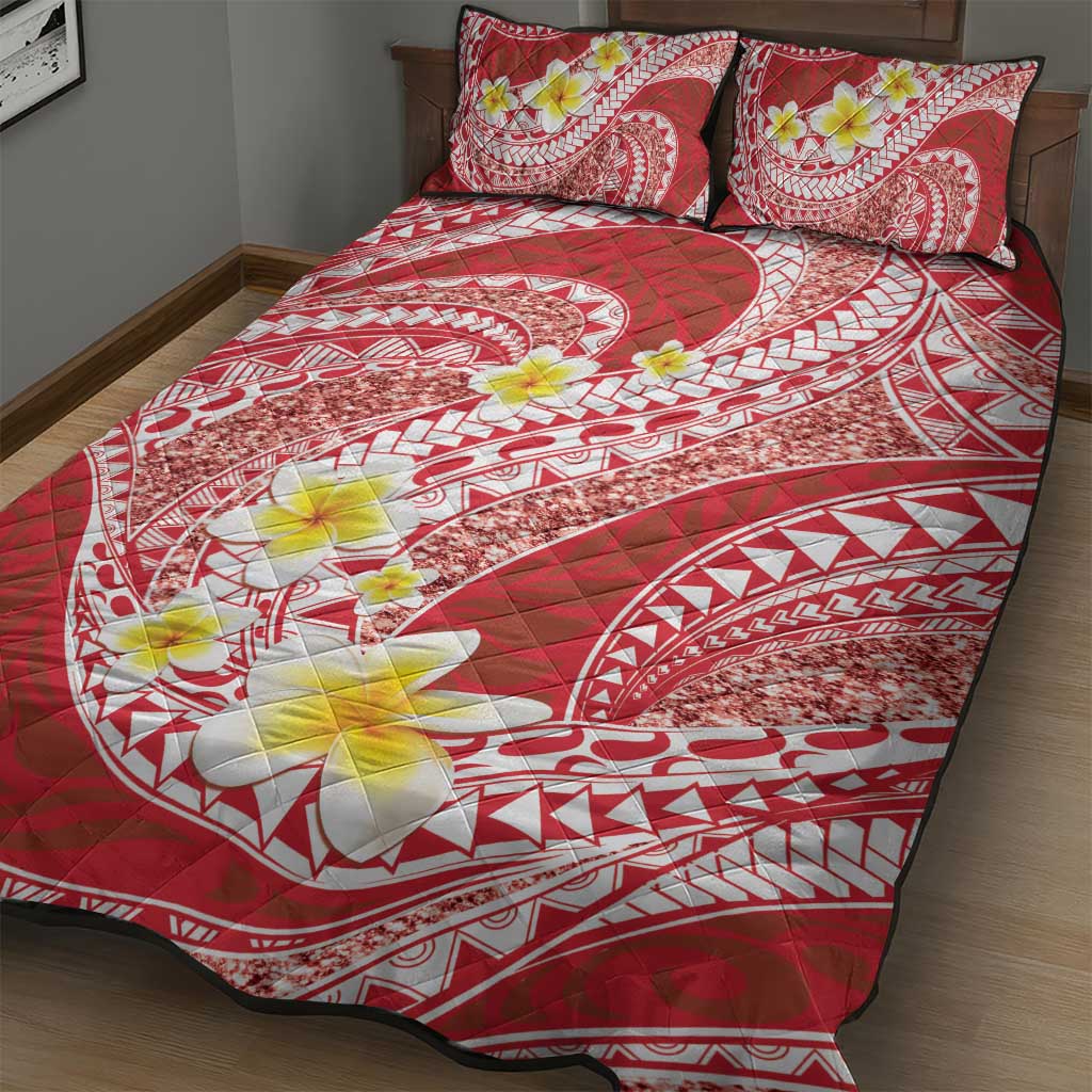 Plumeria Polynesian Coral Glitter Pattern Quilt Bed Set