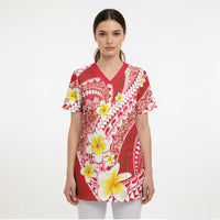 Plumeria Polynesian Coral Glitter Pattern Scrub Top - Polynesian Pride