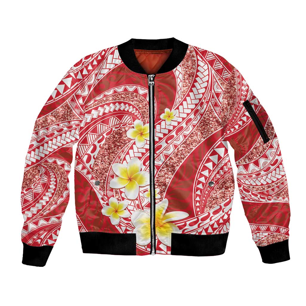 Plumeria Polynesian Coral Glitter Pattern Sleeve Zip Bomber Jacket