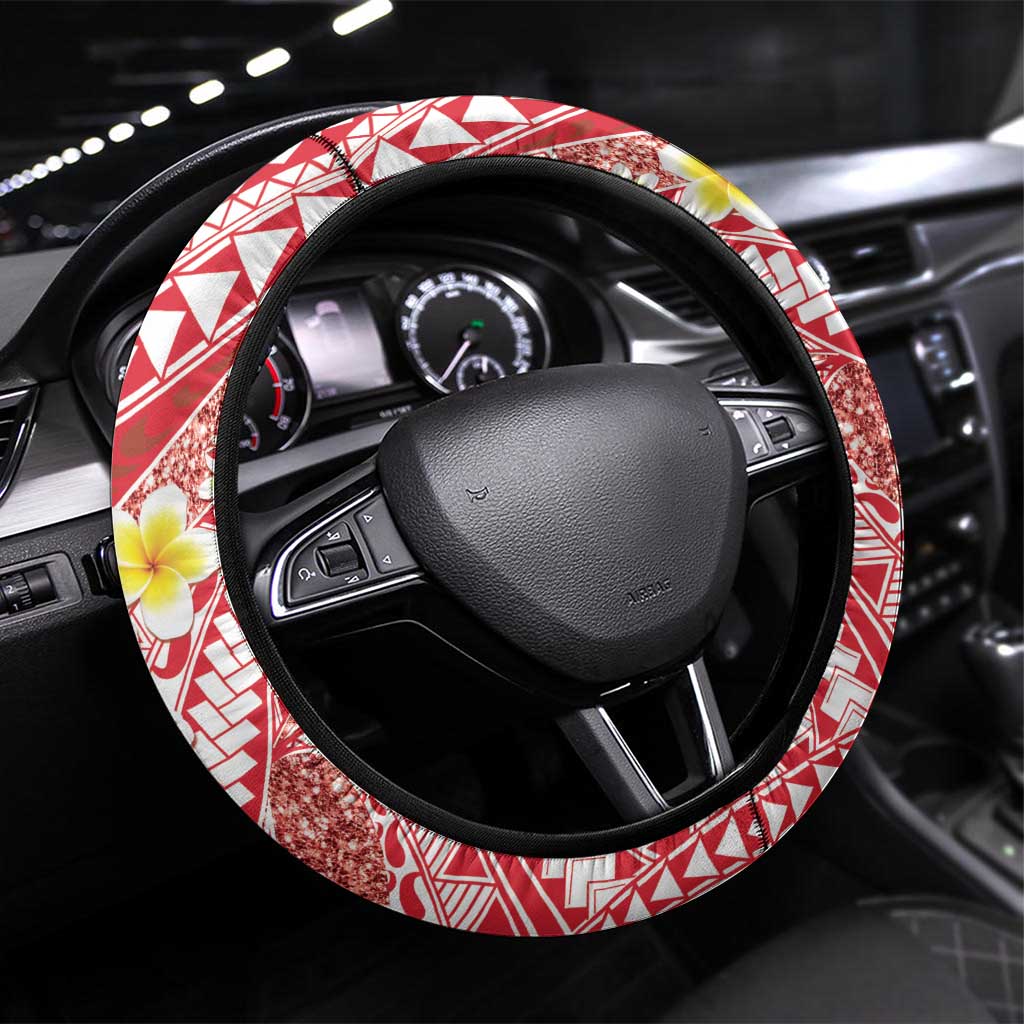 Plumeria Polynesian Coral Glitter Pattern Steering Wheel Cover