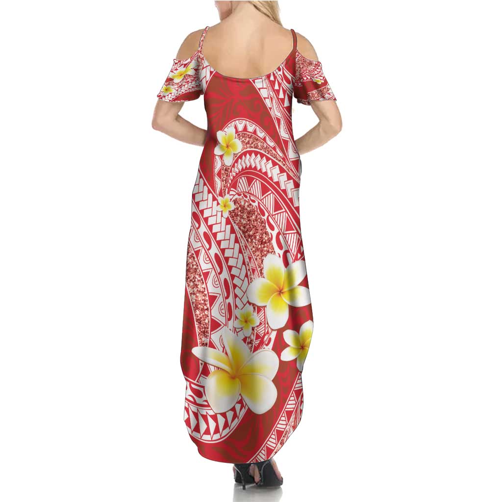 Plumeria Polynesian Coral Glitter Pattern Summer Maxi Dress