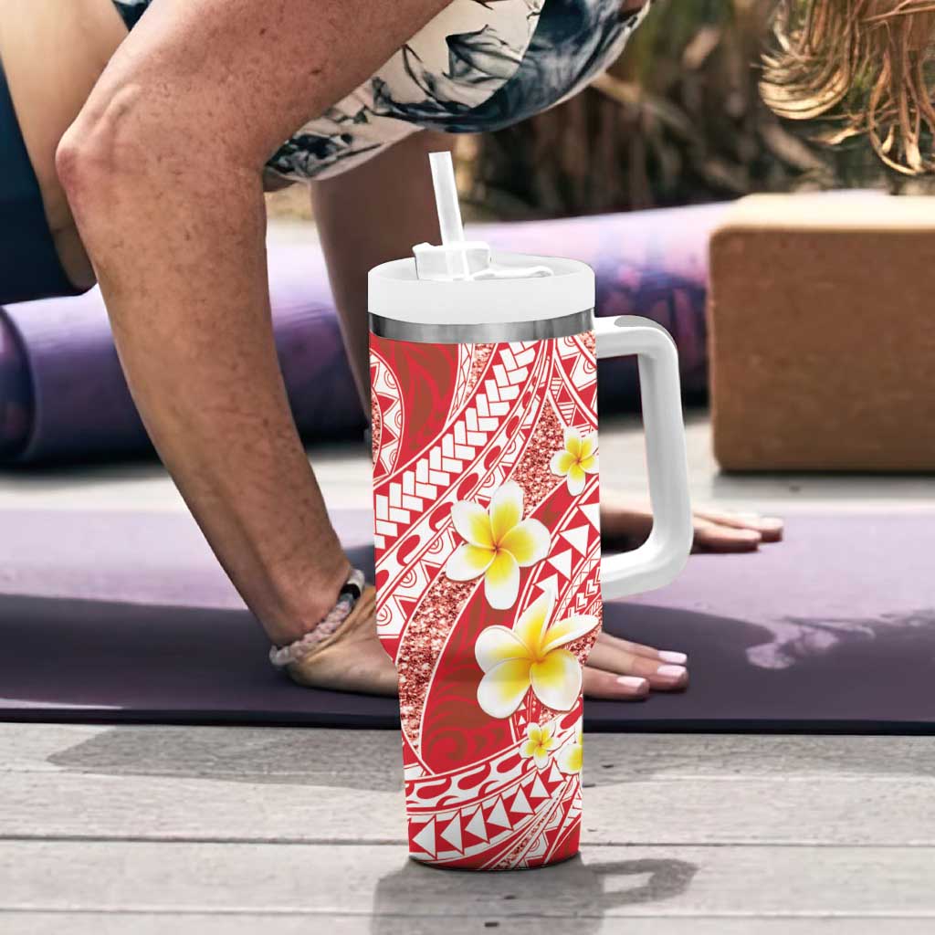 Plumeria Polynesian Coral Glitter Pattern Tumbler With Handle