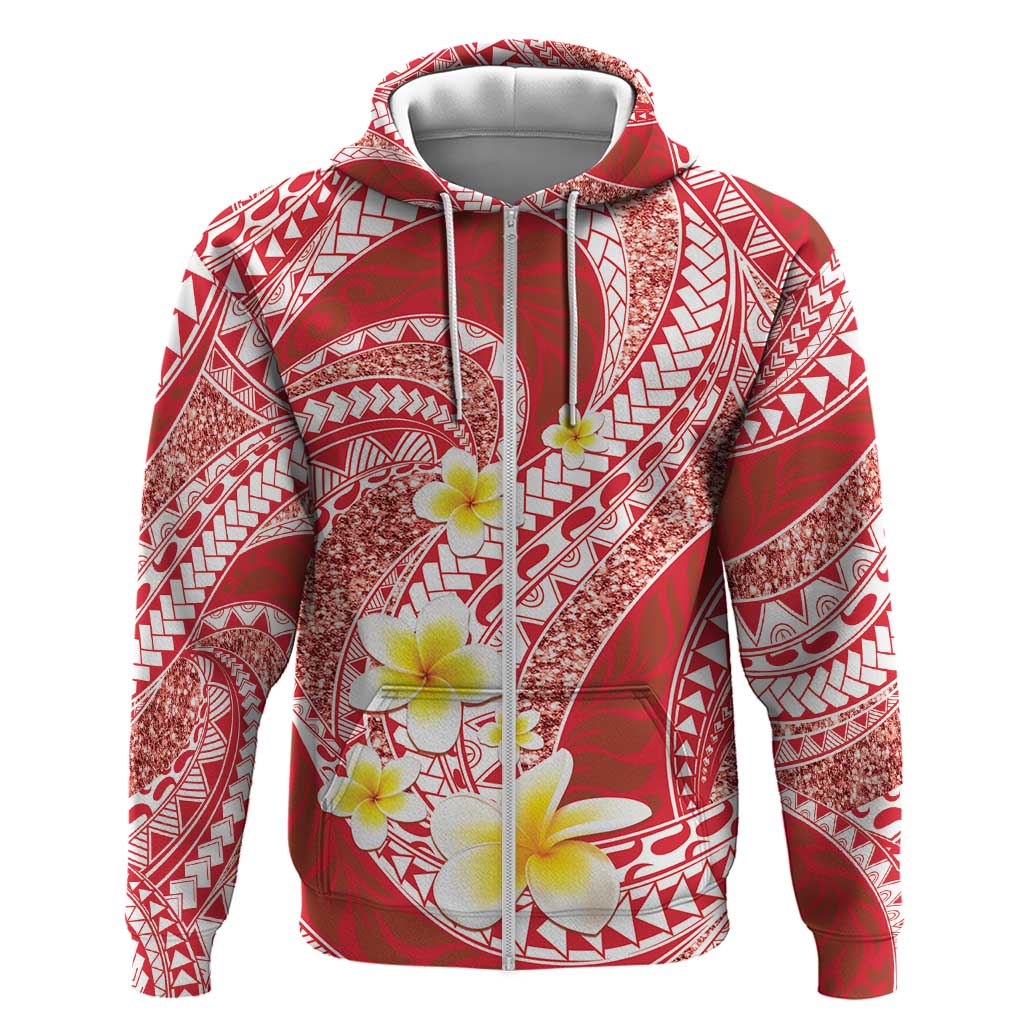 Plumeria Polynesian Coral Glitter Pattern Zip Hoodie