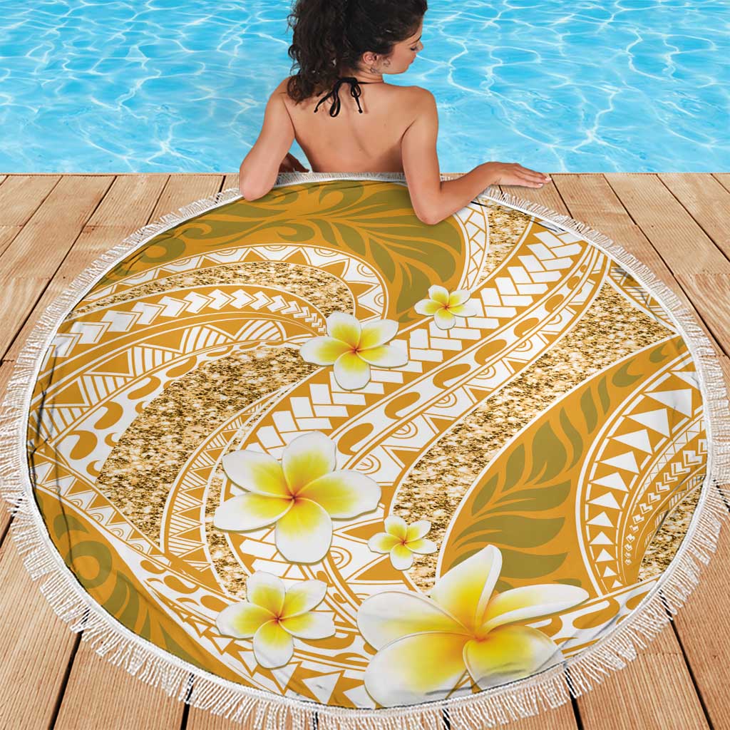 Plumeria Polynesian Gold Glitter Pattern Beach Blanket