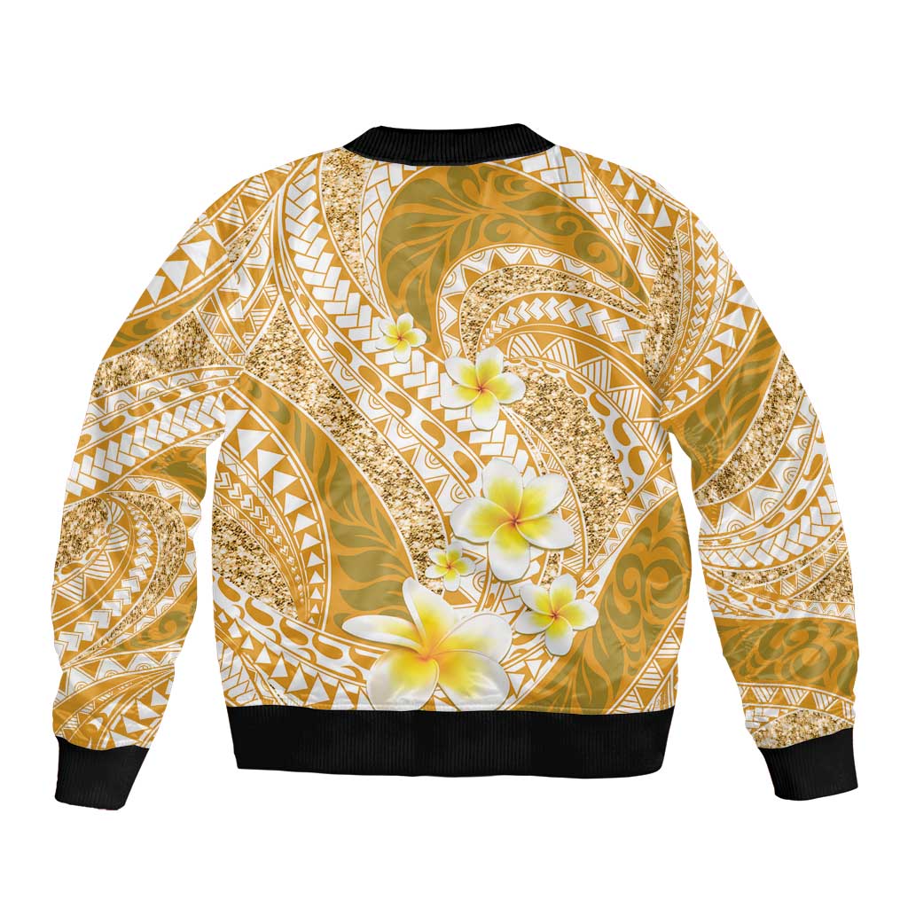 Plumeria Polynesian Gold Glitter Pattern Bomber Jacket