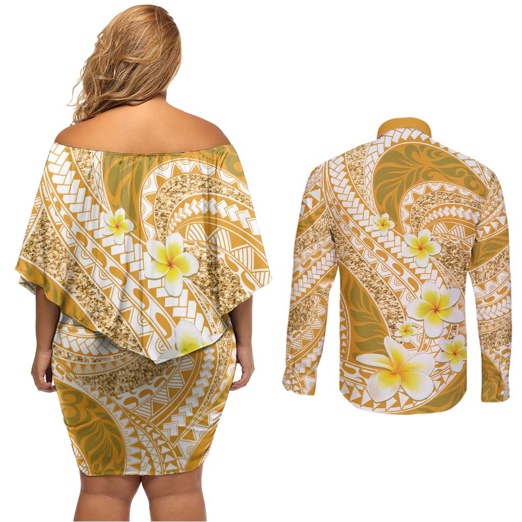 Plumeria Polynesian Gold Glitter Pattern Couples Matching Off Shoulder Short Dress and Long Sleeve Button Shirt LT01 - Polynesian Pride