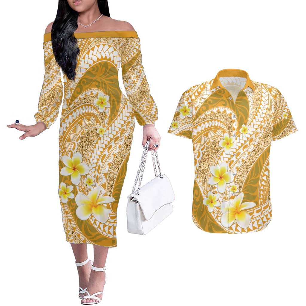 Plumeria Polynesian Gold Glitter Pattern Couples Matching Off The Shoulder Long Sleeve Dress and Hawaiian Shirt