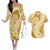 Plumeria Polynesian Gold Glitter Pattern Couples Matching Off The Shoulder Long Sleeve Dress and Hawaiian Shirt