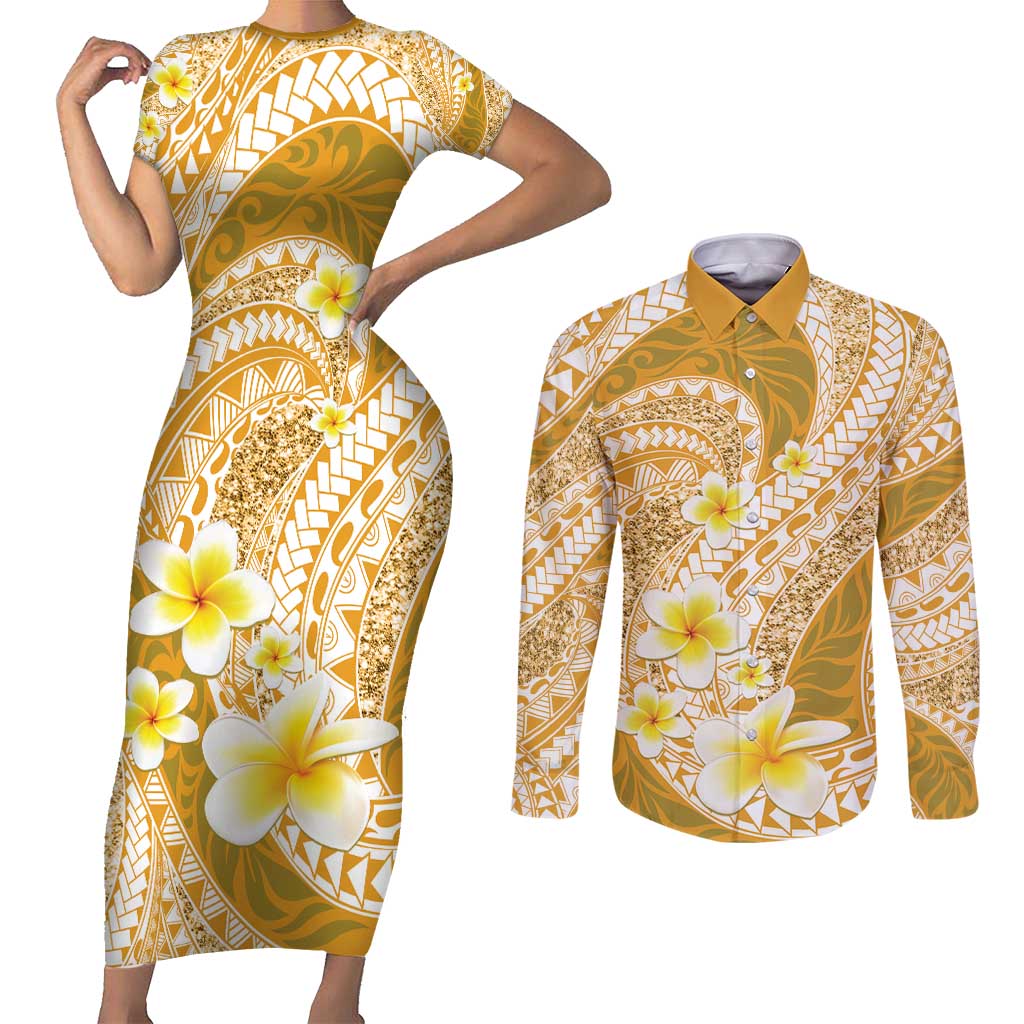 Plumeria Polynesian Gold Glitter Pattern Couples Matching Short Sleeve Bodycon Dress and Long Sleeve Button Shirt LT01 Gold - Polynesian Pride