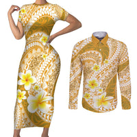 Plumeria Polynesian Gold Glitter Pattern Couples Matching Short Sleeve Bodycon Dress and Long Sleeve Button Shirt LT01 Gold - Polynesian Pride