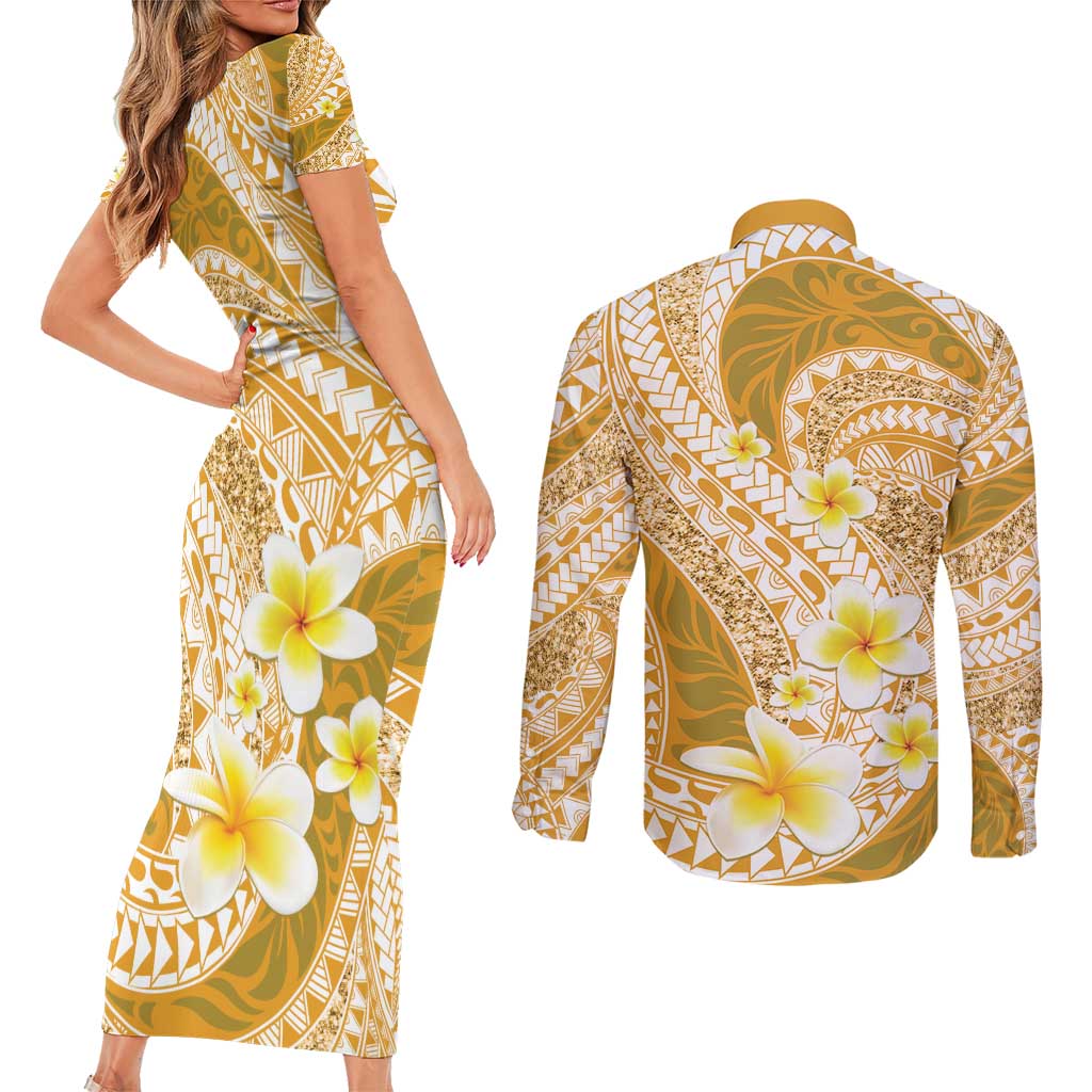 Plumeria Polynesian Gold Glitter Pattern Couples Matching Short Sleeve Bodycon Dress and Long Sleeve Button Shirt LT01 - Polynesian Pride