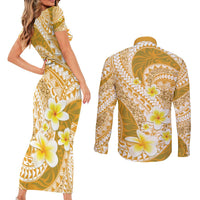 Plumeria Polynesian Gold Glitter Pattern Couples Matching Short Sleeve Bodycon Dress and Long Sleeve Button Shirt LT01 - Polynesian Pride