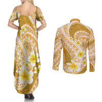 Plumeria Polynesian Gold Glitter Pattern Couples Matching Summer Maxi Dress and Long Sleeve Button Shirt