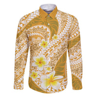 Plumeria Polynesian Gold Glitter Pattern Family Matching Long Sleeve Bodycon Dress and Hawaiian Shirt LT01 Dad's Shirt - Long Sleeve Gold - Polynesian Pride